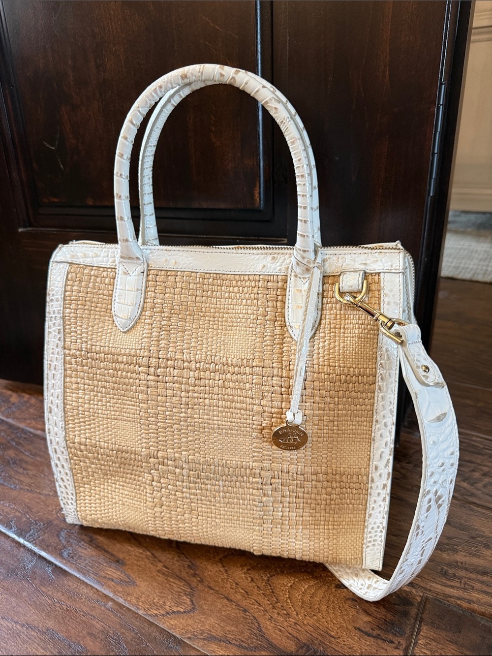 Brahmin Tan Woven Tote with White Croc-Embossed Trim